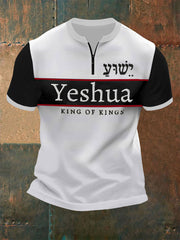 Herren-T-Shirt mit Bibelvers „Yeshua, König der Könige, Herr der Herren“, bedruckt, mit Reißverschluss und kurzen Ärmeln