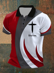 Herren-POLO-T-Shirt mit Bibelvers und Yeshua-Glaubenskreuz, bedruckt, kurzärmelig