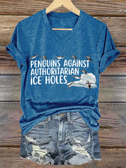 Women's Funny Penguins Against Authoritarian Ice Holes V-Neck Tee