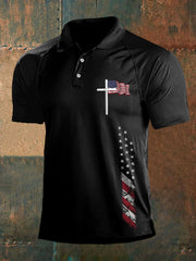 Polo décontracté à imprimé drapeau américain Faith Cross pour homme