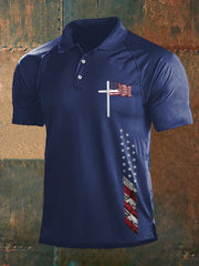 Polo décontracté à imprimé drapeau américain Faith Cross pour homme