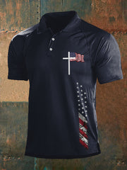 Polo décontracté à imprimé drapeau américain Faith Cross pour homme