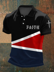 Polo décontracté à imprimé colorblock pour homme, « La foi peut déplacer des montagnes »