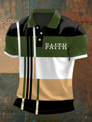 Polo décontracté à imprimé colorblock pour homme, « La foi peut déplacer des montagnes »