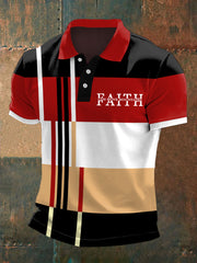 Polo décontracté à imprimé colorblock pour homme, « La foi peut déplacer des montagnes »