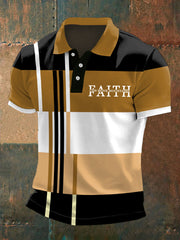 Polo décontracté à imprimé colorblock pour homme, « La foi peut déplacer des montagnes »