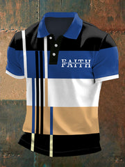 Polo décontracté à imprimé colorblock pour homme, « La foi peut déplacer des montagnes »