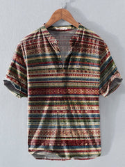 Men's Western Ethnic Stripe Print Button Short Sleeve