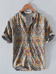 Men's Western Ethnic Stripe Print Button Short Sleeve
