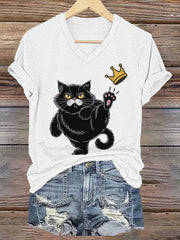 Women's NOPE No Kings In America Black Cat Printed V-neck T-shirt