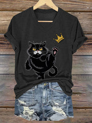 Women's NOPE No Kings In America Black Cat Printed V-neck T-shirt