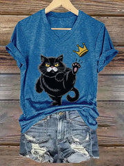 Women's NOPE No Kings In America Black Cat Printed V-neck T-shirt