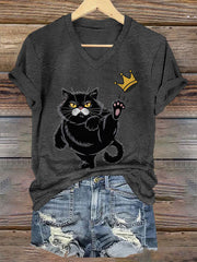 Women's NOPE No Kings In America Black Cat Printed V-neck T-shirt
