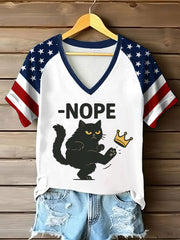 Women's NOPE No Kings In America Black Cat Printed V-neck T-shirt