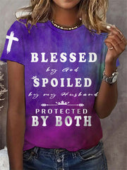Women's Blessed By God Spoiled By My Husband Protected By Both Gradient Print Casual Tee