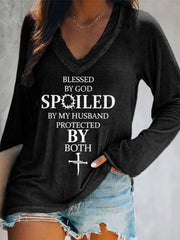 Women's Blessed By God Spoiled By My Husband Protected By Both Casual Long-Sleeve V-Neck Tee
