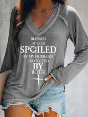 Women's Blessed By God Spoiled By My Husband Protected By Both Casual Long-Sleeve V-Neck Tee