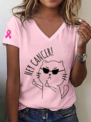 Women's Hey Cancer Print Breast Cancer Awareness V-Neck T-Shirt