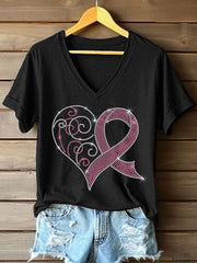 Women's Rhinestone Pink Ribbon Pattern V-Neck T-Shirt