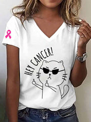 Women's Hey Cancer Print Breast Cancer Awareness V-Neck T-Shirt