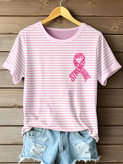Women's Pink Ribbon Embroidered Striped T-shirt