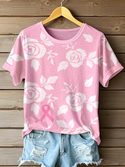 Women's Rose & Pink Ribbon Print T-Shirt