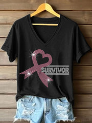 Women's Rhinestone Pink Ribbon Pattern V-Neck T-Shirt
