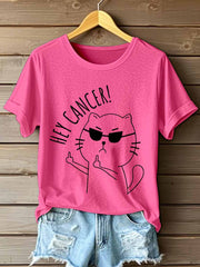 Women's Hey Cancer Print Breast Cancer Awareness T-Shirt