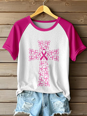 Women's Pink Ribbon Cross Print Contrast T-shirt