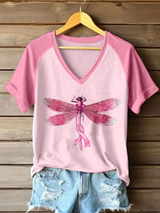 Women's Breast Cancer Awareness Dragonfly Print T-Shirt