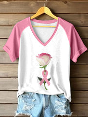 Women's Breast Cancer Awareness Pink Ribbon Embroidered T-Shirt