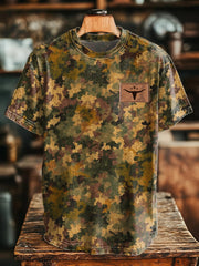 Men's Retro Western Camouflage Bull Skull Print T-Shirt