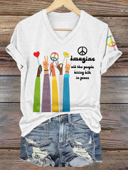 Women's Imagine All The People Living Life In Peace Casual V-Neck Tee