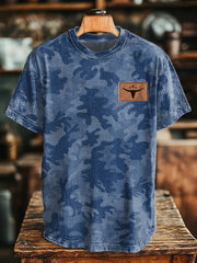 Men's Vintage Denim Leopard Print Cow Skull Print T-Shirt