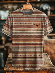 Men's Retro Western Aztec Striped Bull Skull Print T-Shirt