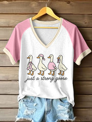 Women's Just A Strong Goose Print Contrast Color V-Neck T-Shirt