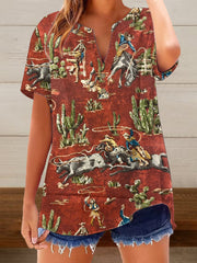 Women's Vintage Western Cowboys Print Casual Short-Sleeve Shirt