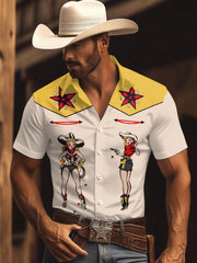 Men's Vintage Western Cowgirls Print Casual Short-Sleeve Shirt