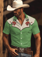 Men's Vintage Western Skull Cowboy Play Guitar Print Casual Short-Sleeve Shirt