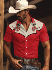 Men's Vintage Western Skull Cowboy Play Guitar Print Casual Short-Sleeve Shirt