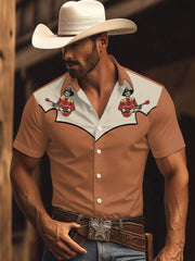 Men's Vintage Western Skull Cowboy Play Guitar Print Casual Short-Sleeve Shirt