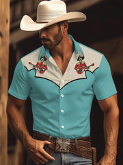 Men's Vintage Western Skull Cowboy Play Guitar Print Casual Short-Sleeve Shirt