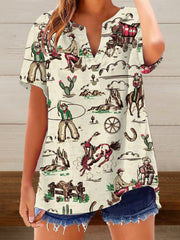 Women's Vintage Western Cowboys Print Casual Short-Sleeve Shirt