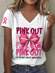Women's Pink Out For Breast Cancer Awareness Print V-Neck T-Shirt