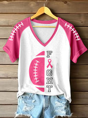 Women's Breast Cancer Awareness Fight Print V-Neck T-Shirt