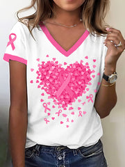 Women's Breast Cancer Awareness Heart Ribbon Print T-Shirt