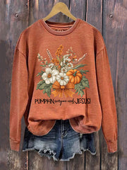 Women's Floral Pumpkin Fall Jesus Print Casual Sweatshirt