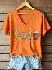 Women's Fall Thanksgiving Food Print V-Neck T-Shirt