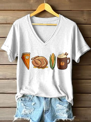 Women's Fall Thanksgiving Food Print V-Neck T-Shirt