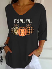 Women's Autumn It's Fall Y'ALL Printed V-Neck Casual Top